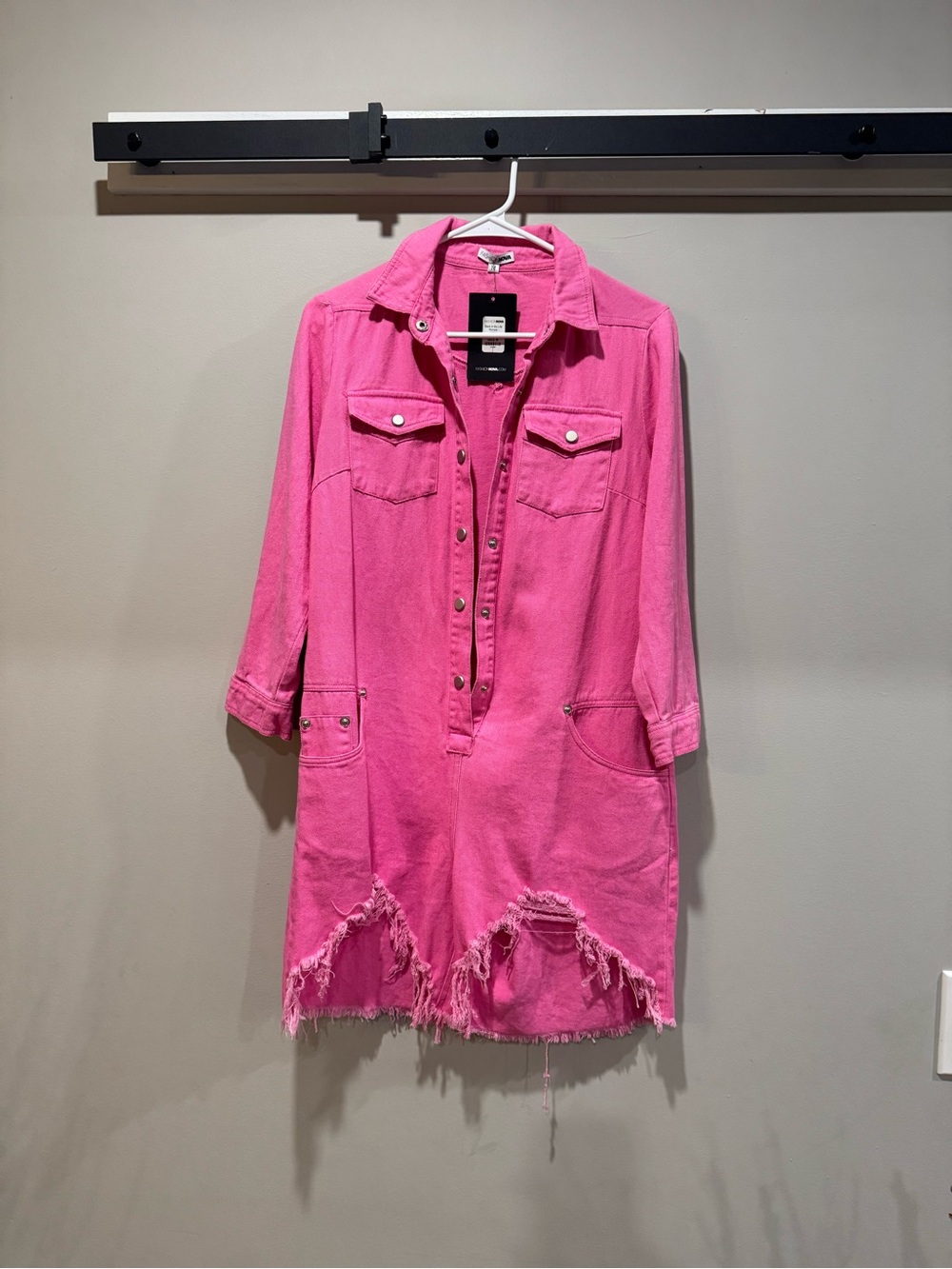 Fashion Nova Pink Denim Distressed Utility Romper NWT M